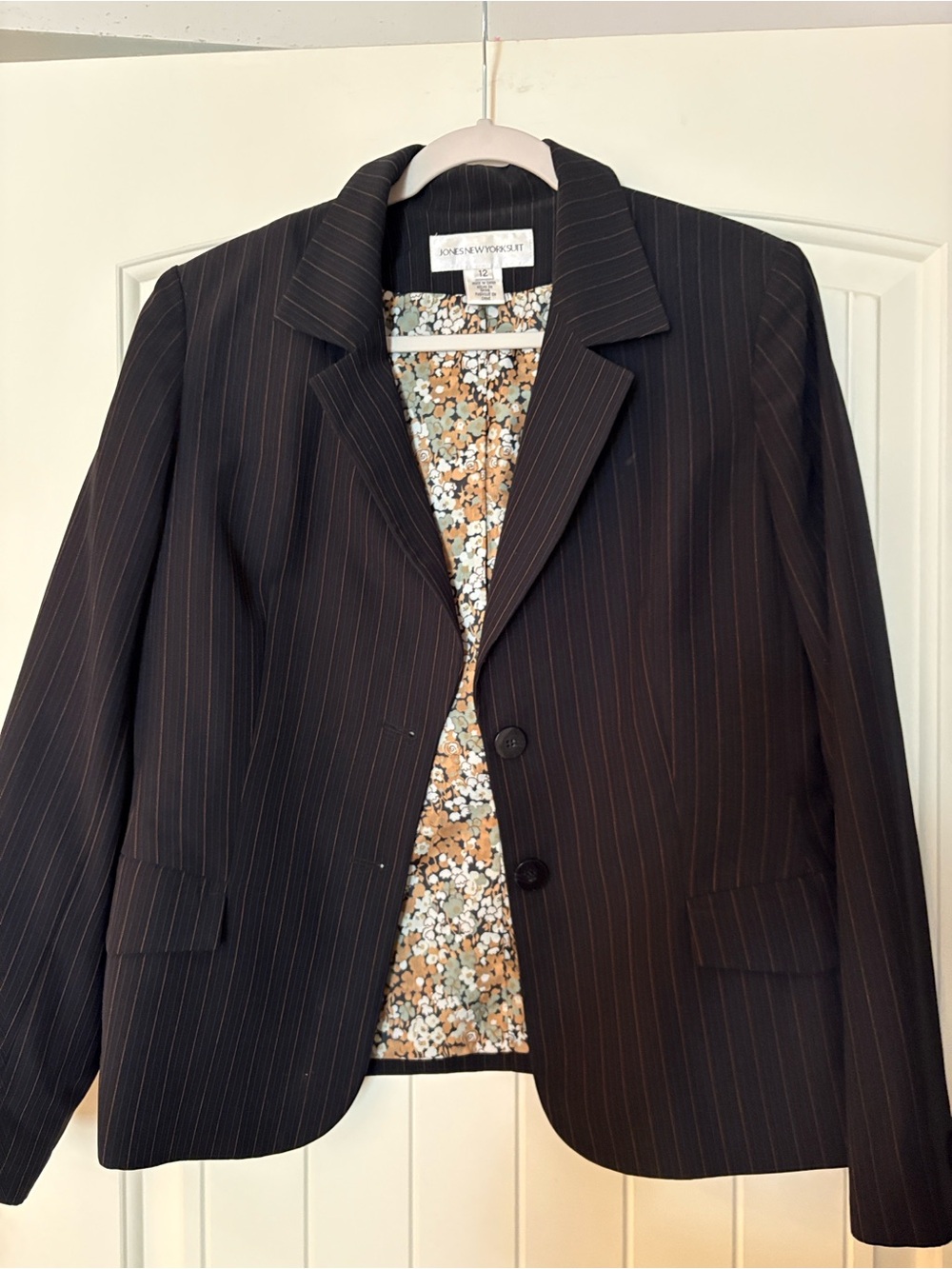 Jones New York Black Pinstripe Blazer with Floral Lining